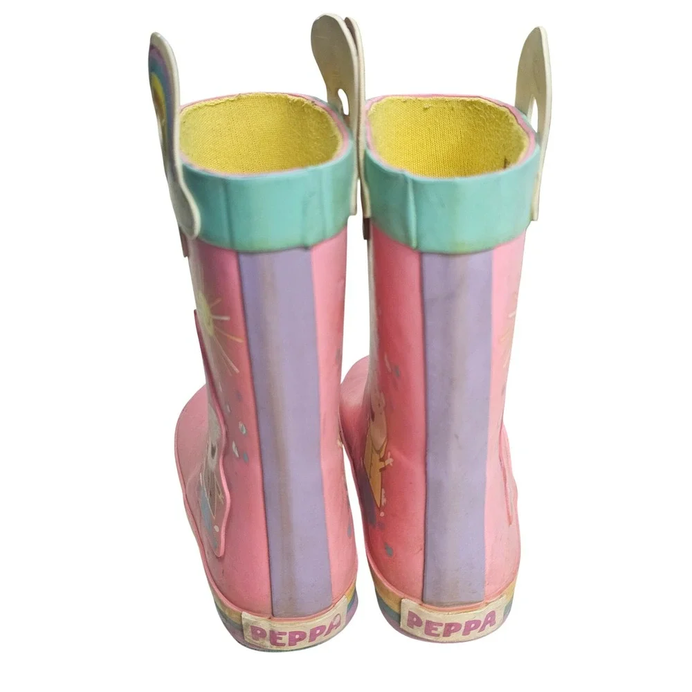 Peppa Pig Kids Pink Rainbow Rain Boots Waterproof Pull On Size 9-10